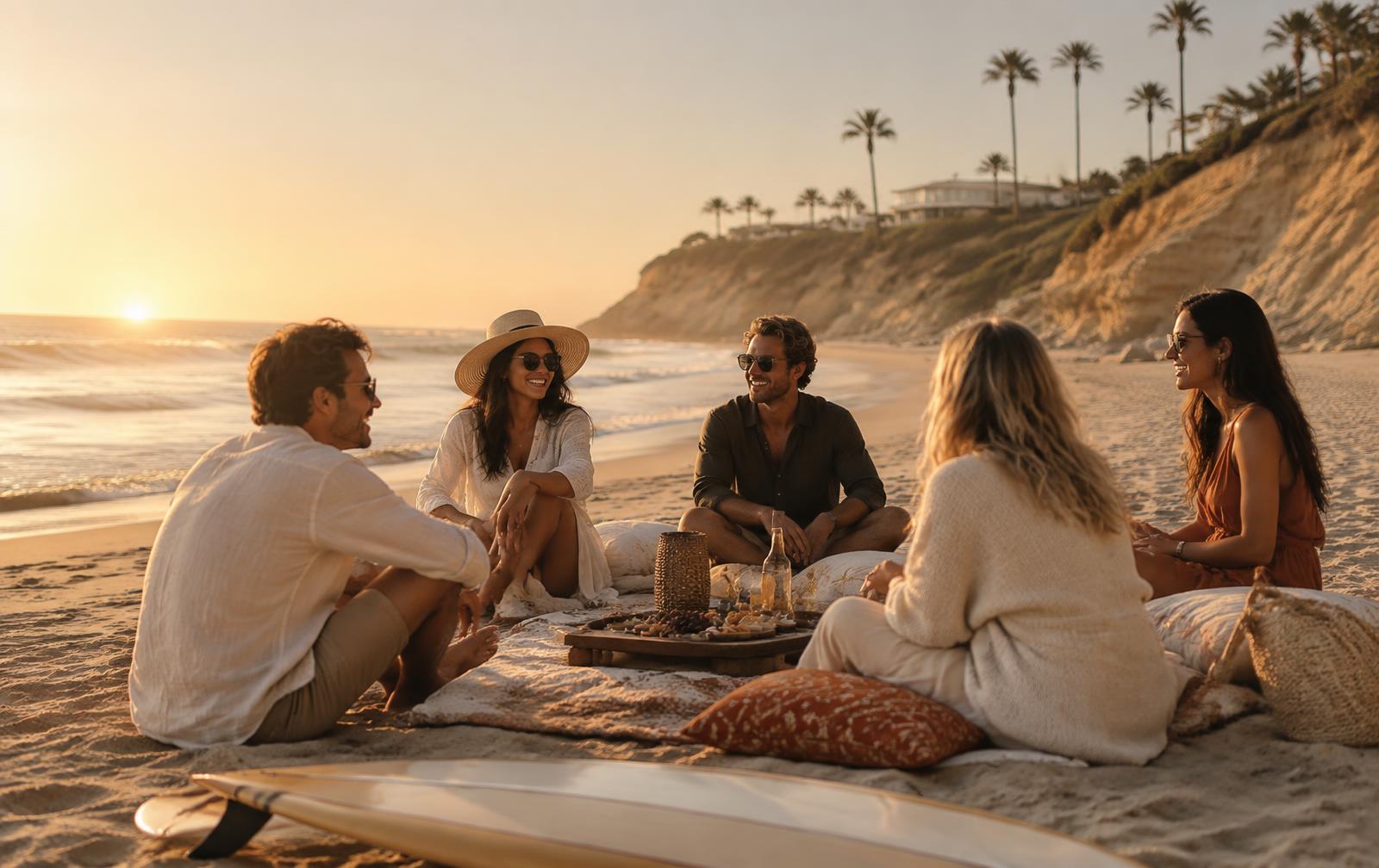 A group gathering on the San Diego coast at golden hour