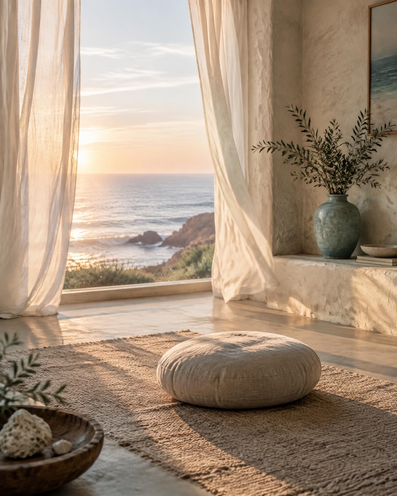 A quiet meditation room open to the Pacific coast