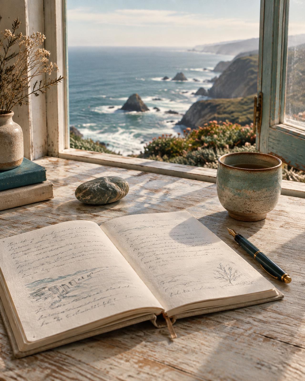 An open journal beside a Pacific coast window