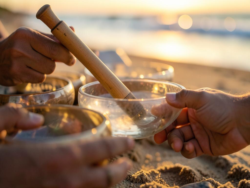 Crystal and Tibetan singing bowls, played at the water's edge